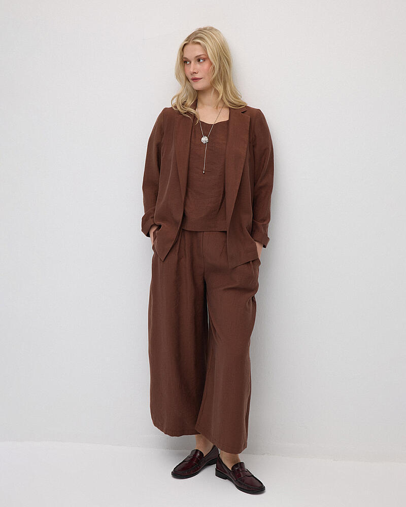 Relaxed Fit Jacket & Wide Leg Tencel Pants Set - Brown