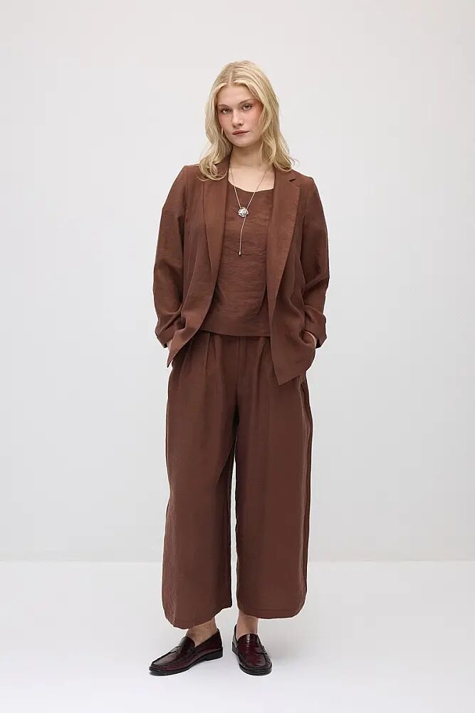 Rahat Kesim Ceket & Bol Paça Tencel Pantolon Takım - Kahverengi