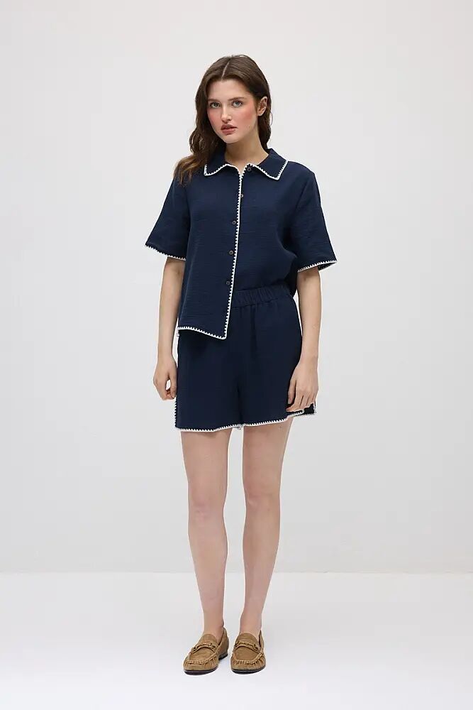 Nakışlı Müslin Pamuk Gömlek & Beli Lastikli Şort Takım - Lacivert