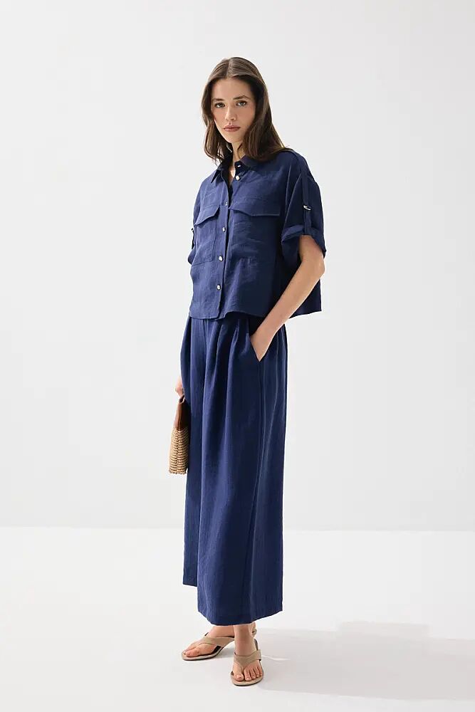 Kolu Apoletli Tencel Gömlek & Bol Paça Pantolon - Lacivert