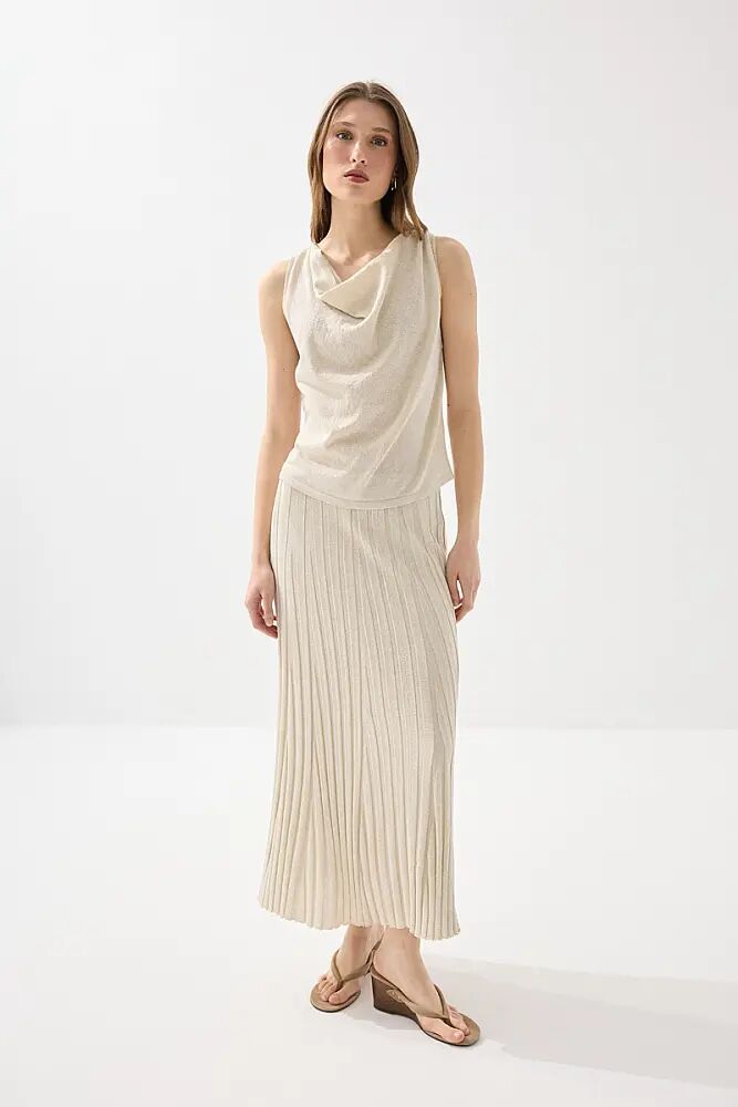 Degaje Yaka Simli Viskon Triko Bluz & Pilise Etek - Bej