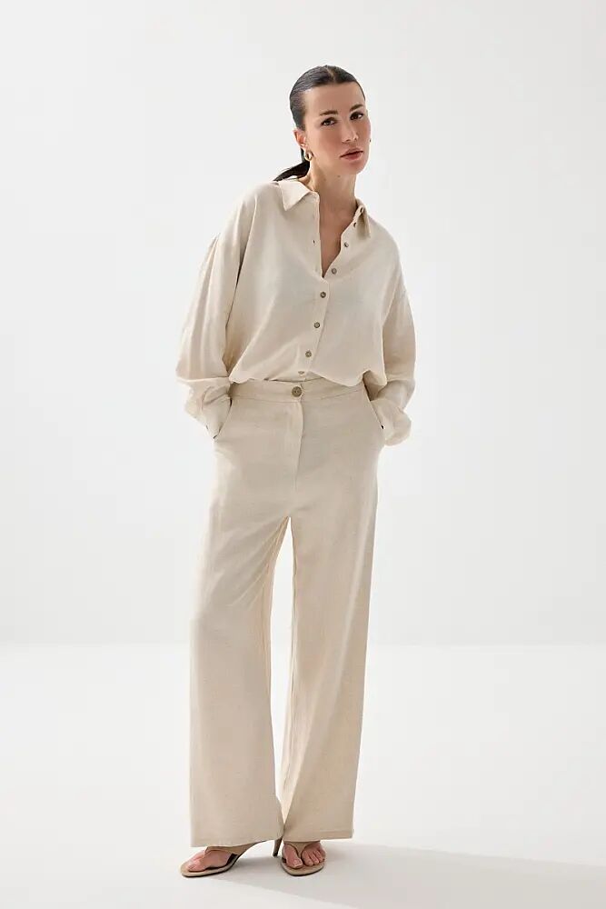 Rahat Kesim Keten Gömlek & Bol Paça Pantolon Takım - Bej