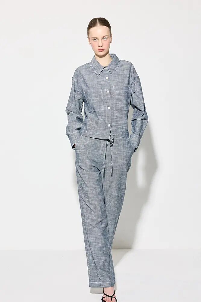 Cotton Linen Pocket Shirt & Rope Belt Wide Leg Pants Set - Navy