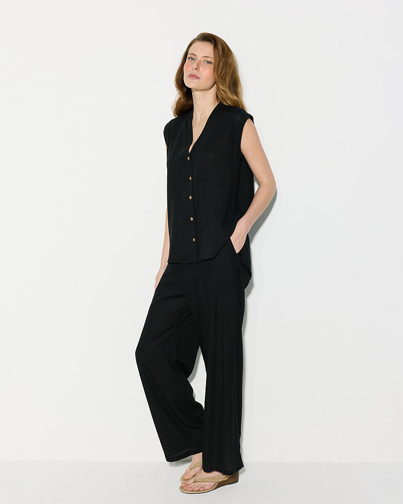 V Neck Viscose Linen Blouse & Wide Leg Pants Set - Black