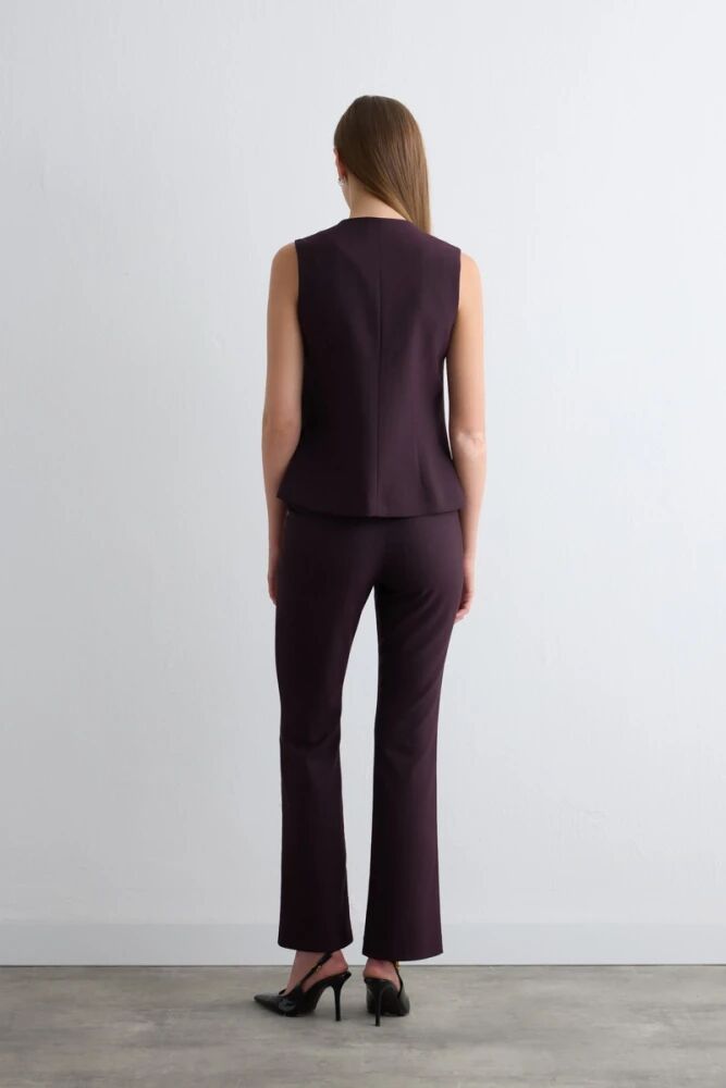 Yuvarlak Yaka Çizgili Yelek & Çizgili Geniş Paça Pantolon - Mürdüm Takım - 2