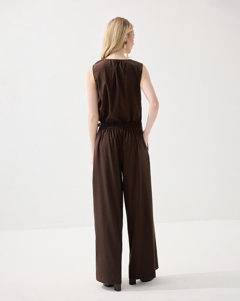Kolsuz Bluz & Bol Paça Tencel Pantolon Takım - Kahverengi - 2