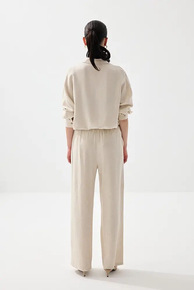 Rahat Kesim Keten Gömlek & Bol Paça Pantolon Takım - Bej - 2