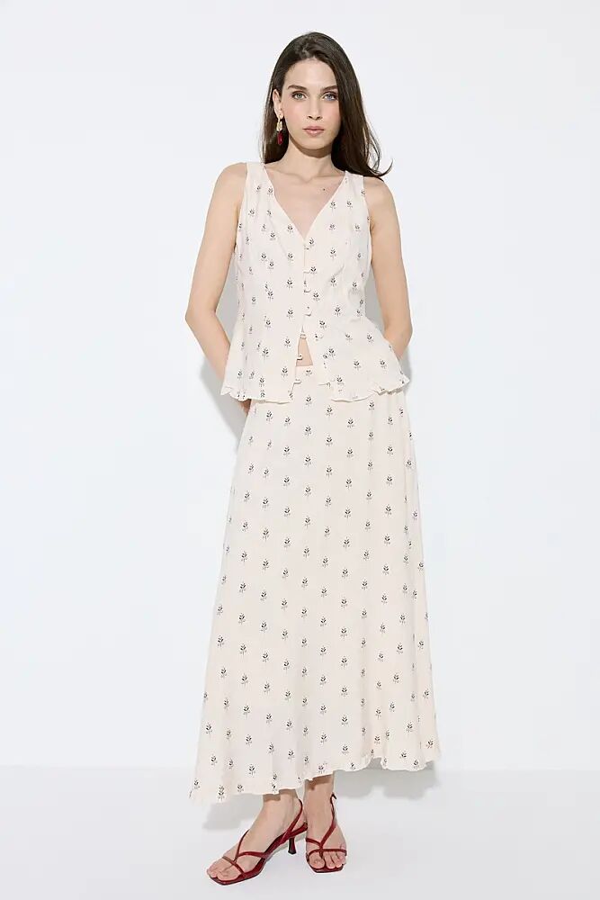 Buttoned Viscose Tank Blouse & Patterned Long Skirt Set - Beige