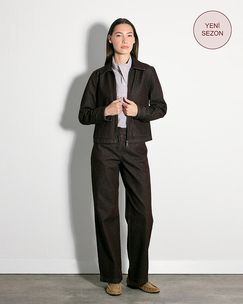 Fermuarlı Denim Ceket & Straight Fit Denim Pantolon Takım - Bordo