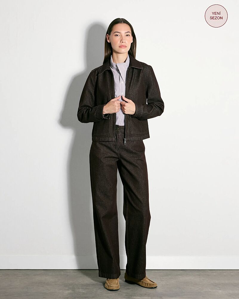 Fermuarlı Denim Ceket & Straight Fit Denim Pantolon Takım - Bordo