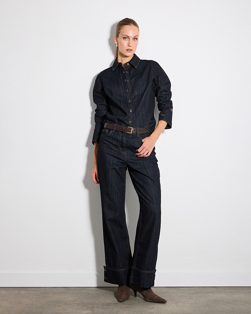 Dreamer Collection Embroidered Sleeve Detail Denim Shirt & Button Hem Detail Wide Leg Denim Pants Set - Navy