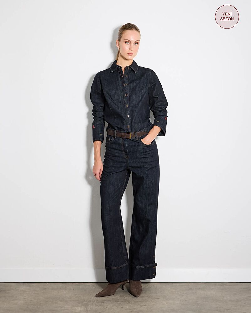 Hayalperest Koleksiyonu Kolları Nakış Detaylı Denim Gömlek & Paçası Düğme Detaylı Geniş Paça Denim Pantolon Takım - Lacivert