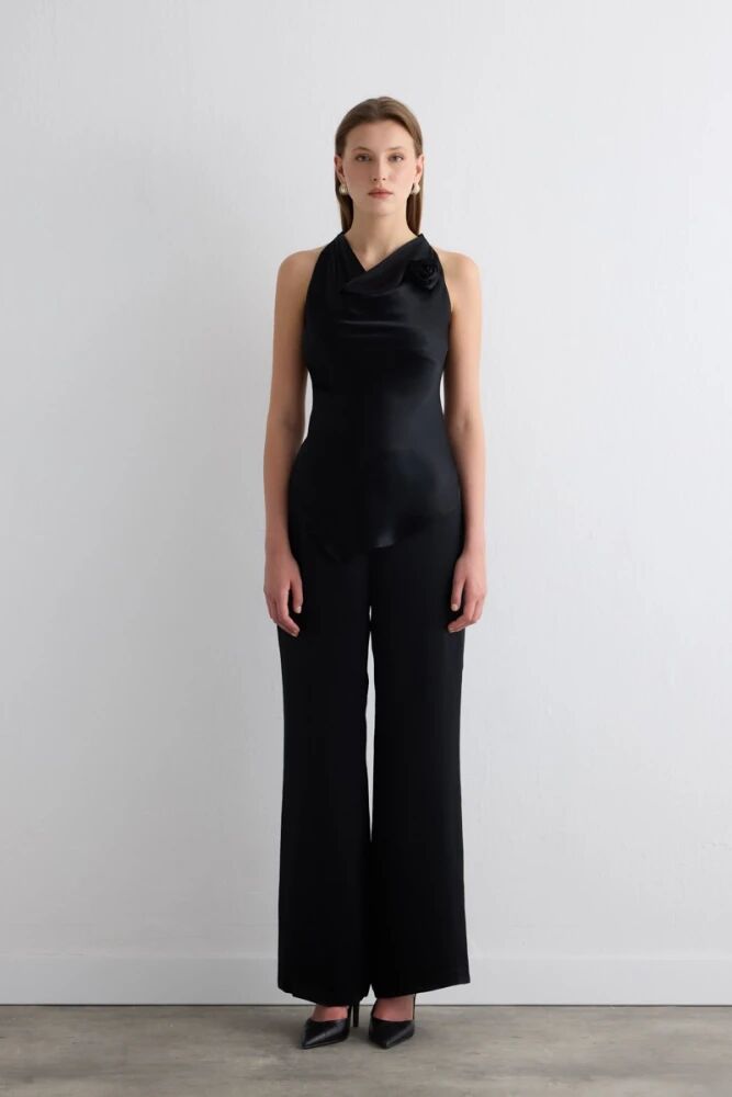Draped Neck Asymmetric Satin Blouse with Wide-Leg Pants - Black