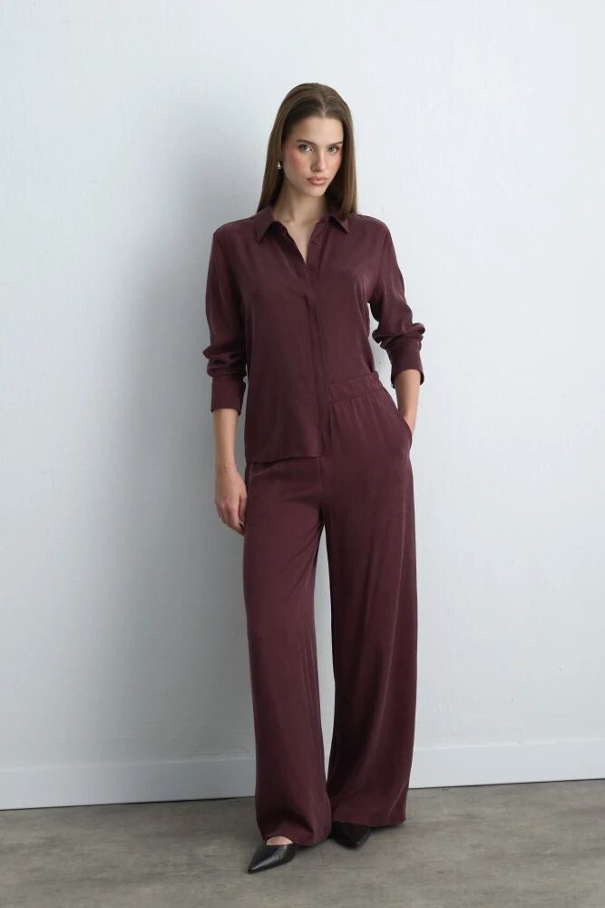 Anka Koleksiyonu Lyocell Gömlek & Bol Paça Pantolon - Bordo Takım
