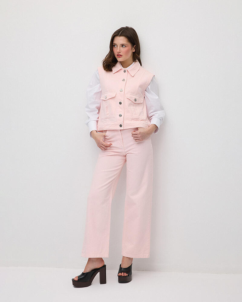 Pocket Vest & 5 Pocket Straight Leg Denim Pants Set - Pink