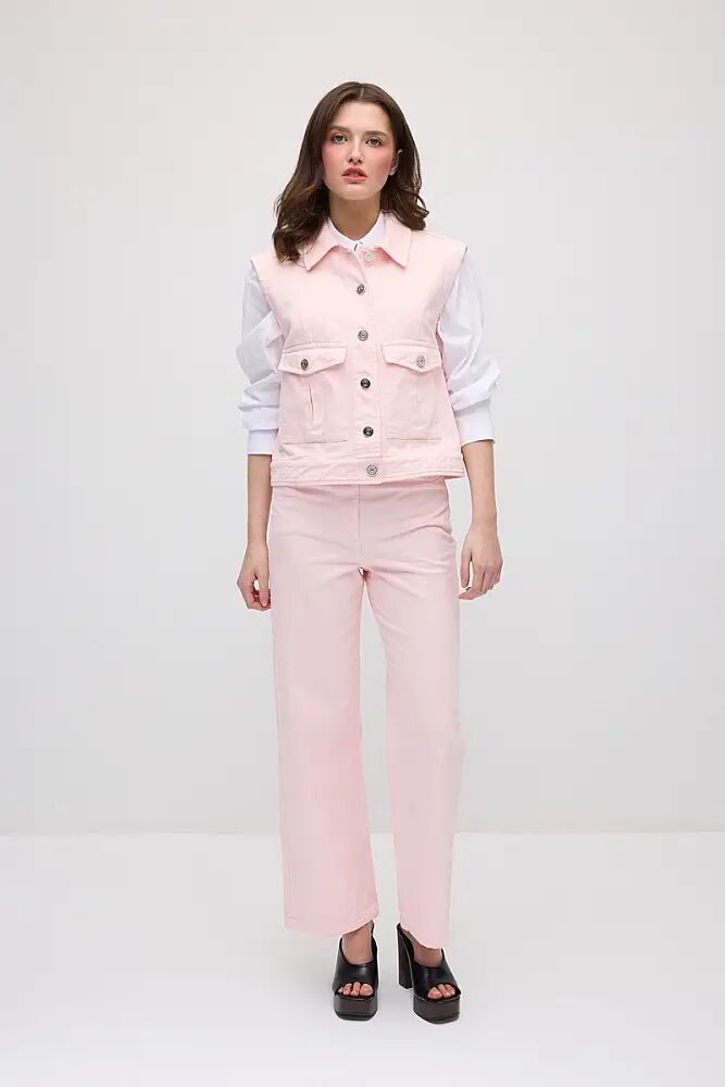 Cepli Yelek & 5 Cepli Boru Paça Denim Pantolon Takım - Pembe