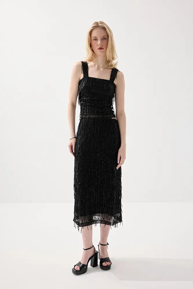 Pul Payet Premium Abiye Atlet Bluz & Midi Etek Takım - Siyah