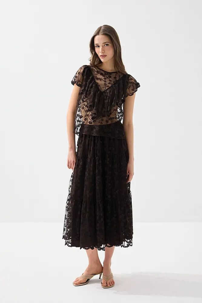 Kısa Kollu Bluz & Uzun Dantel Etek Takım- Kahverengi