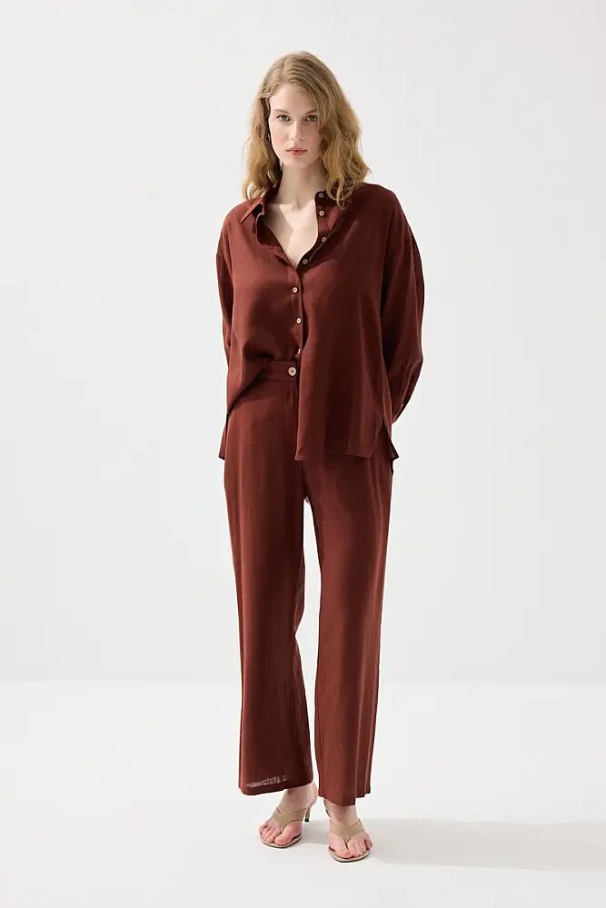 Rahat Kesim Keten Gömlek & Bol Paça Pantolon Takım - Kiremit