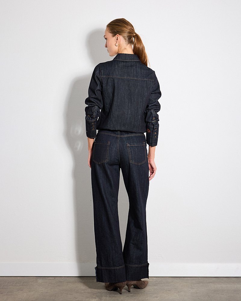 Hayalperest Koleksiyonu Kolları Nakış Detaylı Denim Gömlek & Paçası Düğme Detaylı Geniş Paça Denim Pantolon Takım - Lacivert - 2
