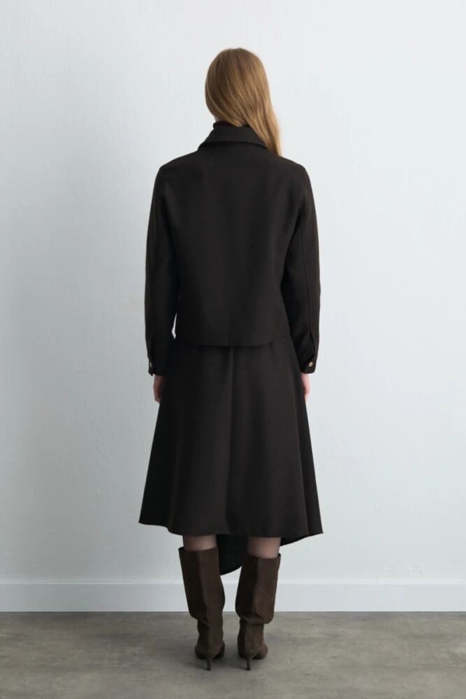 Fermuarlı Yünlü Kaşe Ceket & Anvelop Kesim Asimetrik Etek - Kahverengi Takım - 2