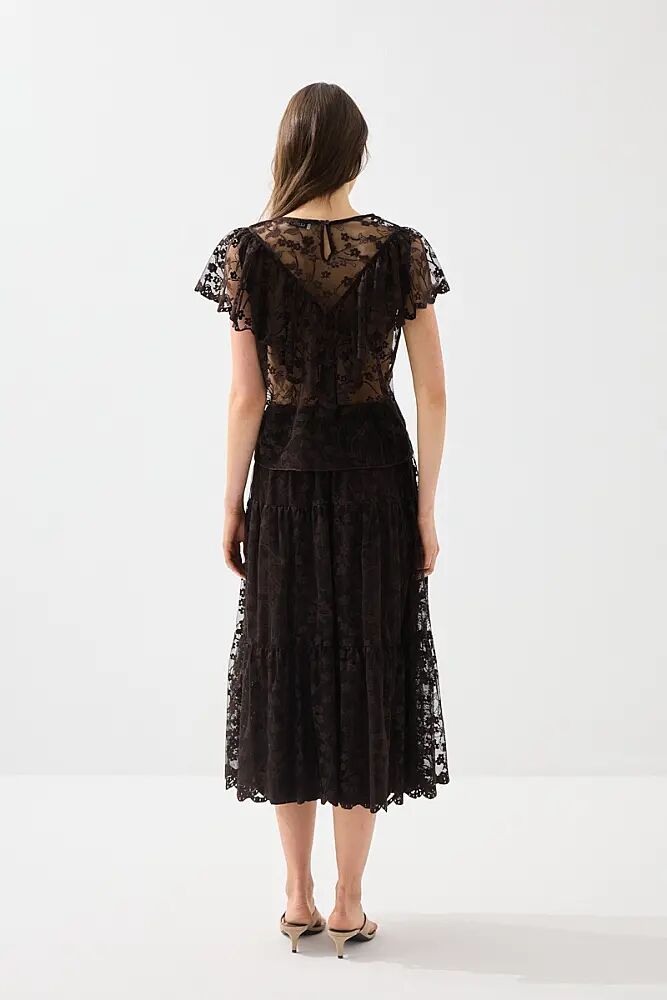 Kısa Kollu Bluz & Uzun Dantel Etek Takım- Kahverengi - 2