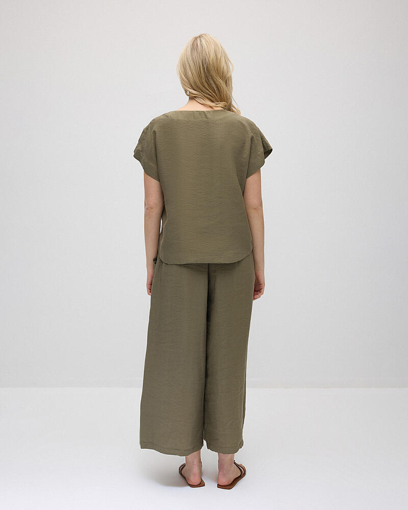 Yuvarlak Yaka Tencel Bluz & Bol Paça Pantolon Takım - Haki - 2