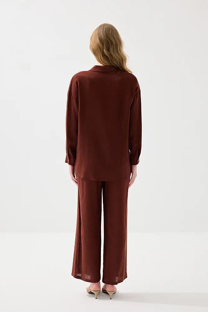 Relaxed Fit Linen Shirt & Wide Leg Pants Set - Terracotta - 2