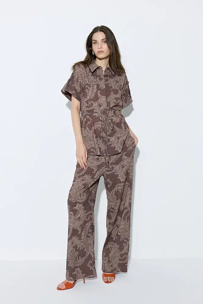 Self Patterned Viscose Shirt with Tie Waist & Wide Leg Viscose Pants Set - Brown