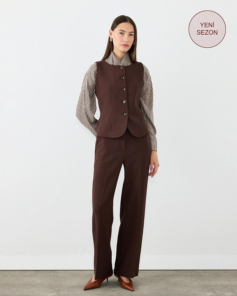 Yuvarlak Yaka Yelek & Krep Lycra Palazzo Pantolon Takım - Kahverengi