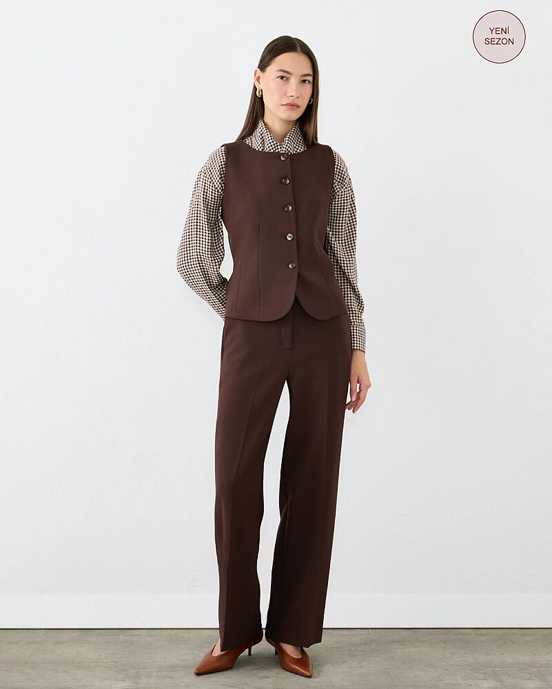 Yuvarlak Yaka Yelek & Krep Lycra Palazzo Pantolon Takım - Kahverengi