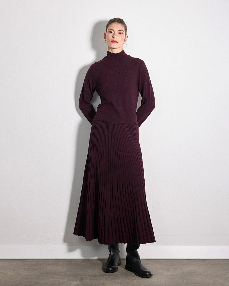 Mock Neck Wool Knit Sweater & Pleated Wool Knit Skirt Set - Plum