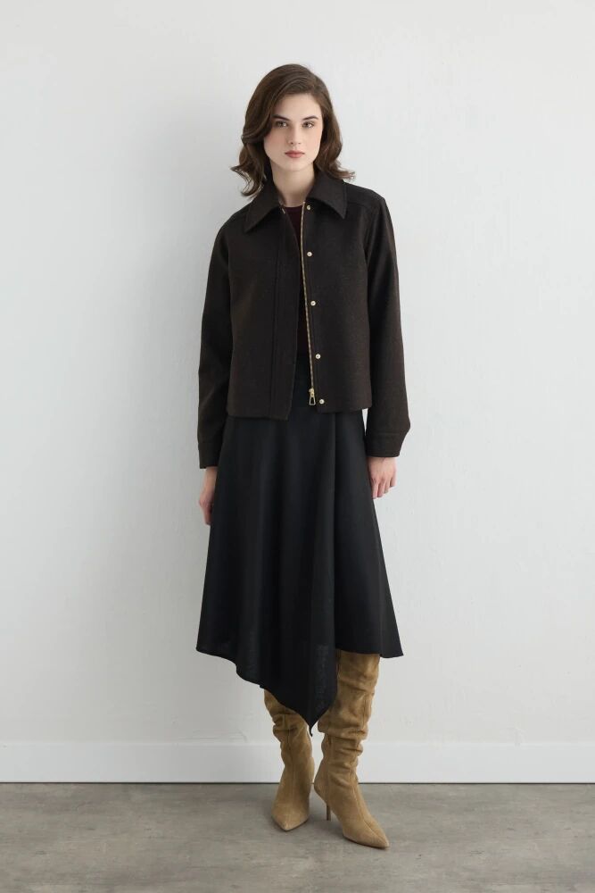 Fermuarlı Yünlü Kaşe Ceket & Anvelop Kesim Asimetrik Yünlü Kaşe Etek - Siyah