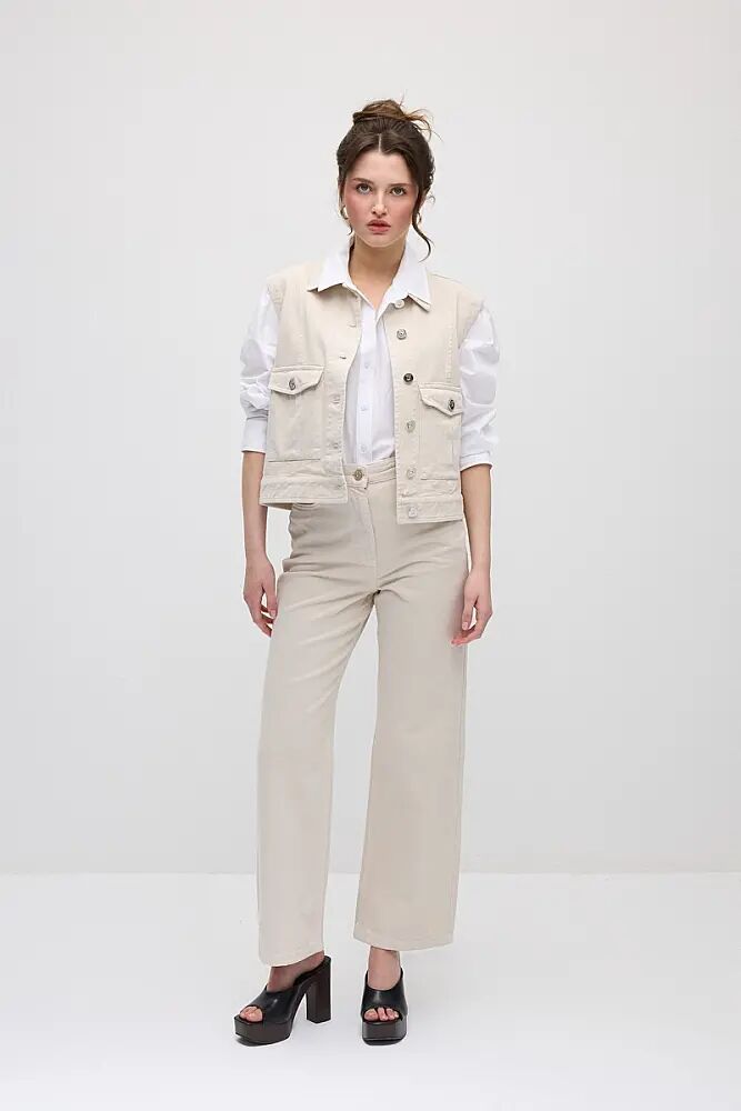 Cepli Yelek & 5 Cepli Boru Paça Denim Pantolon Takım - Bej