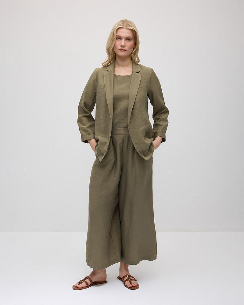 Relaxed Fit Tencel Jacket & Wide Leg Pants Set - Khaki