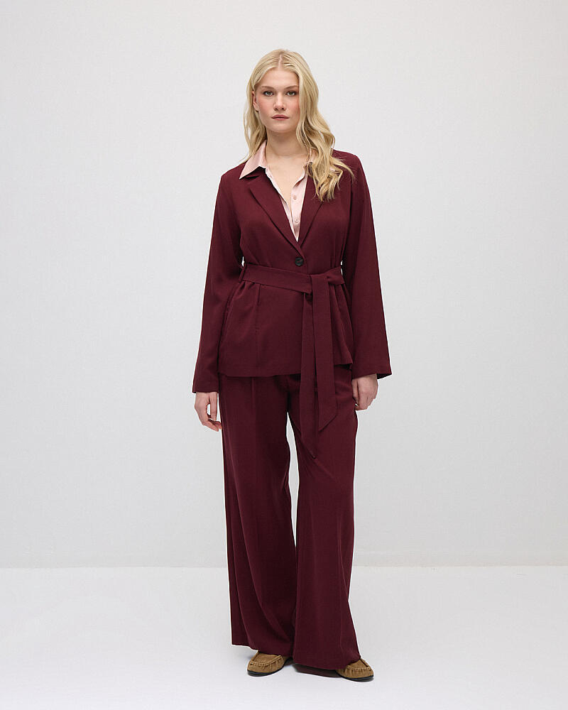 Beli Kemerli Tencel Ceket & Bol Paça Pantolon Takım - Bordo