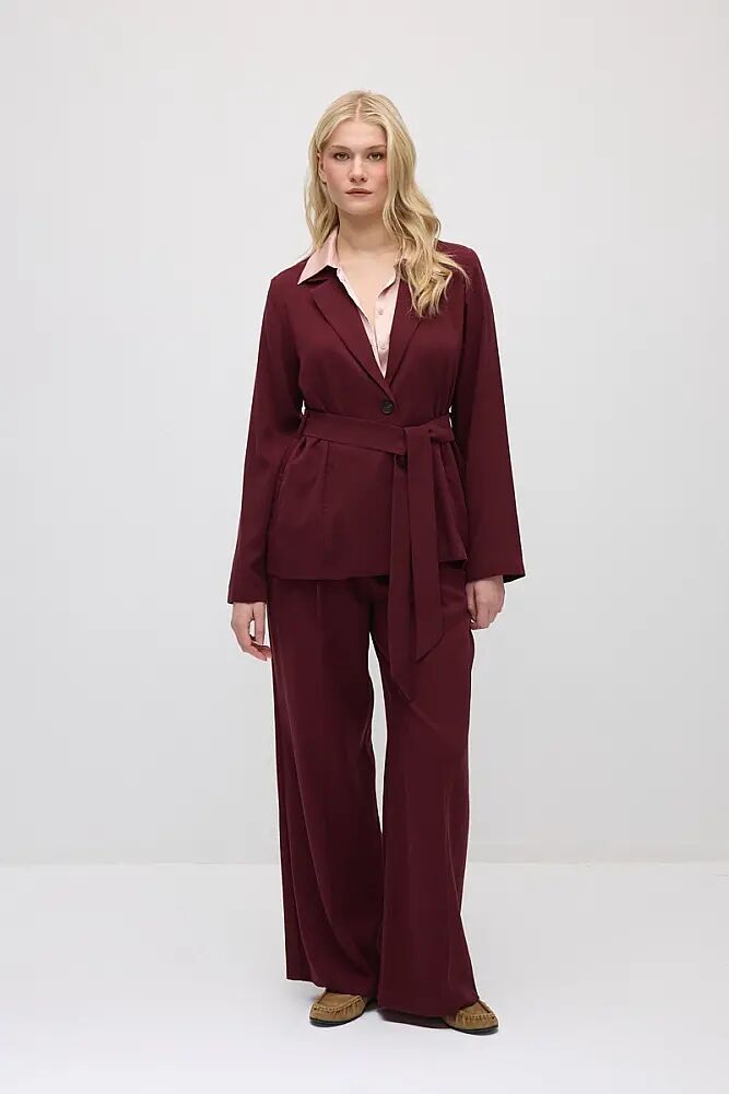Beli Kemerli Tencel Ceket & Bol Paça Pantolon - Bordo