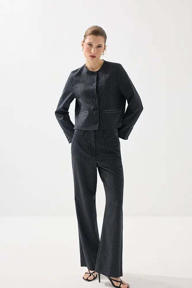 Sıfır Yaka Çizgili Viskon Keten Ceket & Pantolon - Lacivert