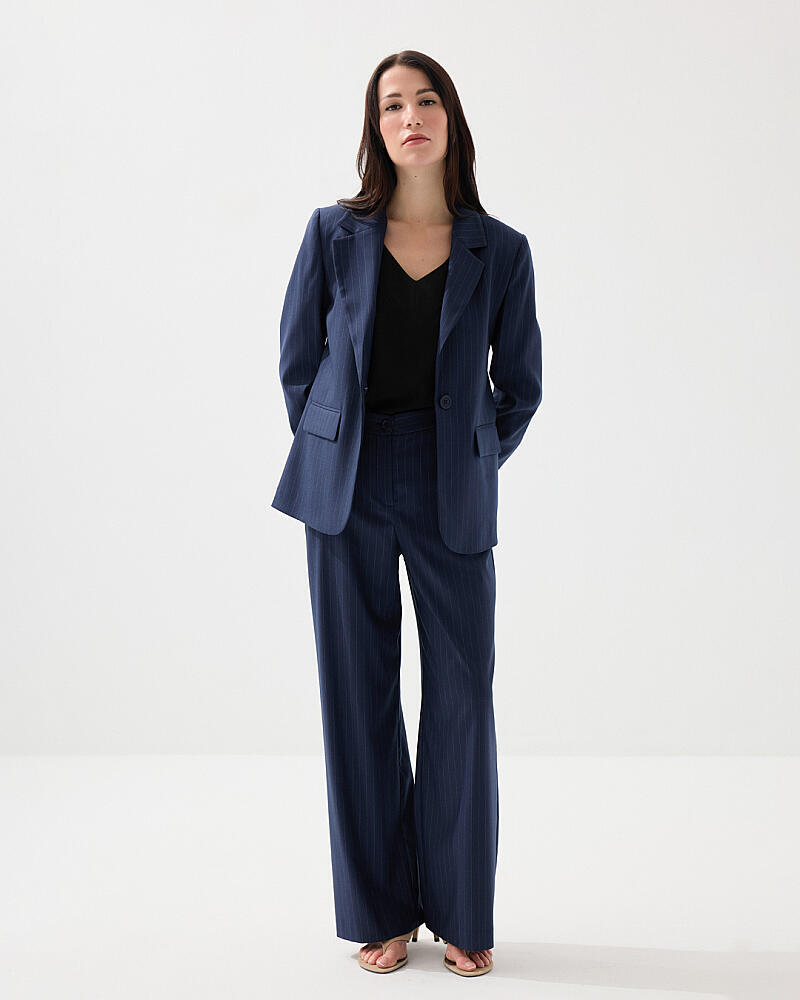 Tek Düğmeli Silik Çizgili Blazer Ceket & Bol Paça Kumaş Pantolon Takım - Lacivert