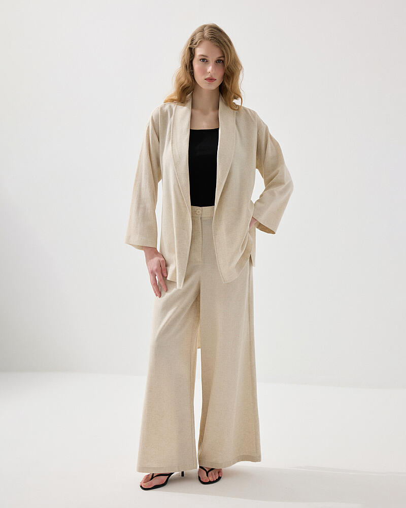 Şal Yaka Keten Kimono & Cepli Bol Paça Pantolon Takım - Bej