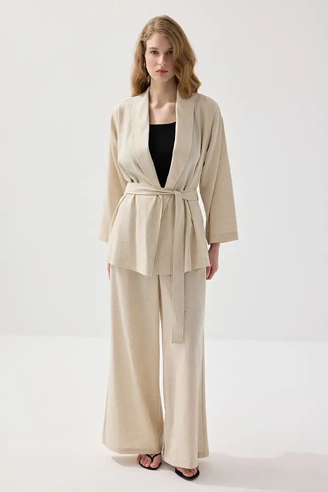 Şal Yaka Keten Kimono & Cepli Bol Paça Pantolon Takım - Bej