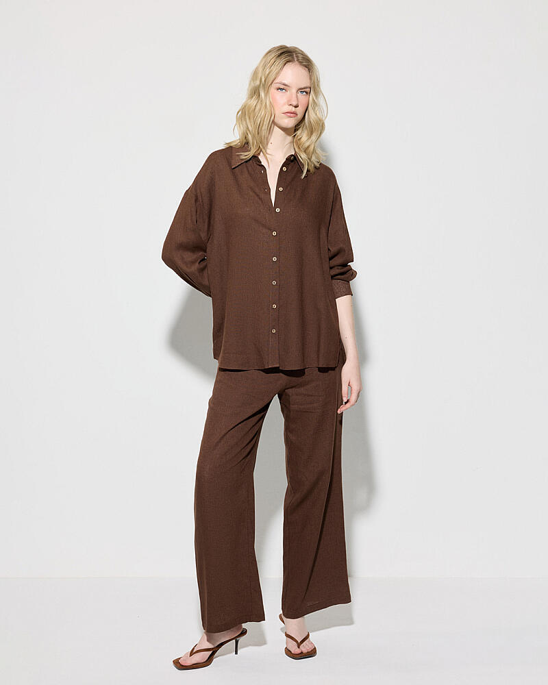 Linen Relaxed Fit Shirt & Wide Leg Trousers Set - Brown