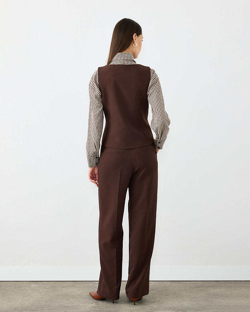 Yuvarlak Yaka Yelek & Krep Lycra Palazzo Pantolon Takım - Kahverengi - 2