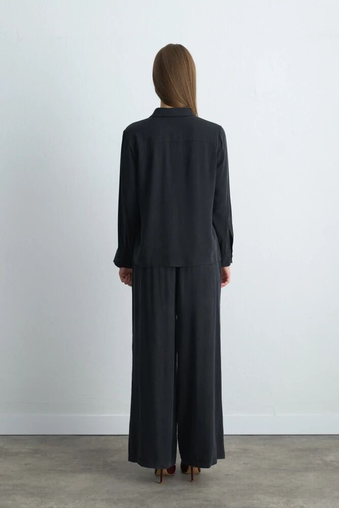 Anka Koleksiyonu Lyocell Gömlek & Bol Paça Pantolon - Siyah Takım - 2