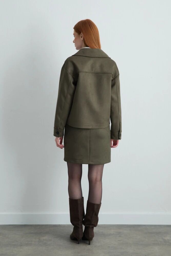 Cepli Süet Ceket & Mini Etek - Haki Takım - 2