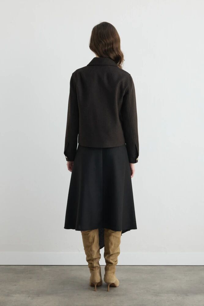 Fermuarlı Yünlü Kaşe Ceket & Anvelop Kesim Asimetrik Yünlü Kaşe Etek - Siyah - 2