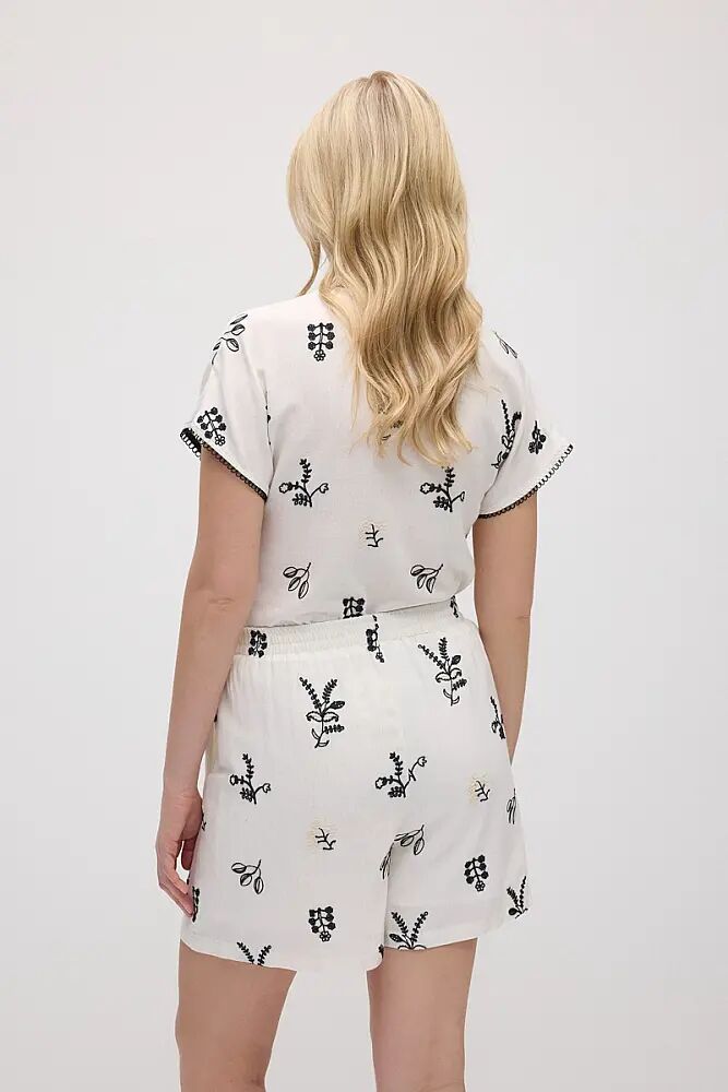 Nakışlı Bluz & Beli Lastikli Nakışlı Viskon Keten Şort Takım - Ekru - 2