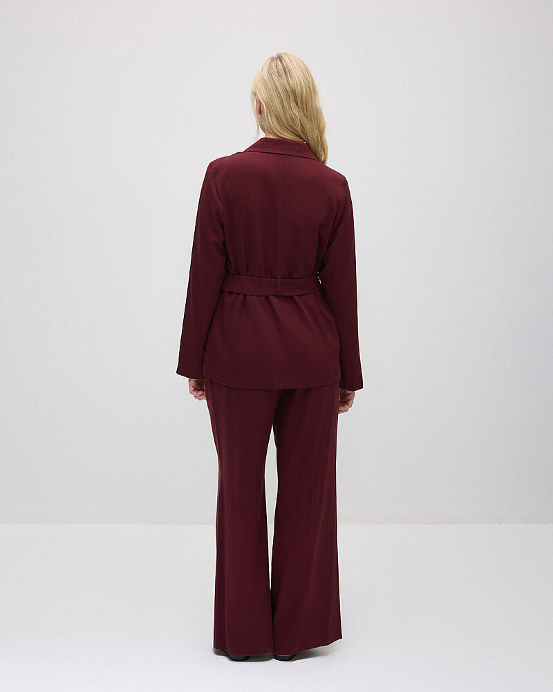 Beli Kemerli Tencel Ceket & Bol Paça Pantolon Takım - Bordo - 2