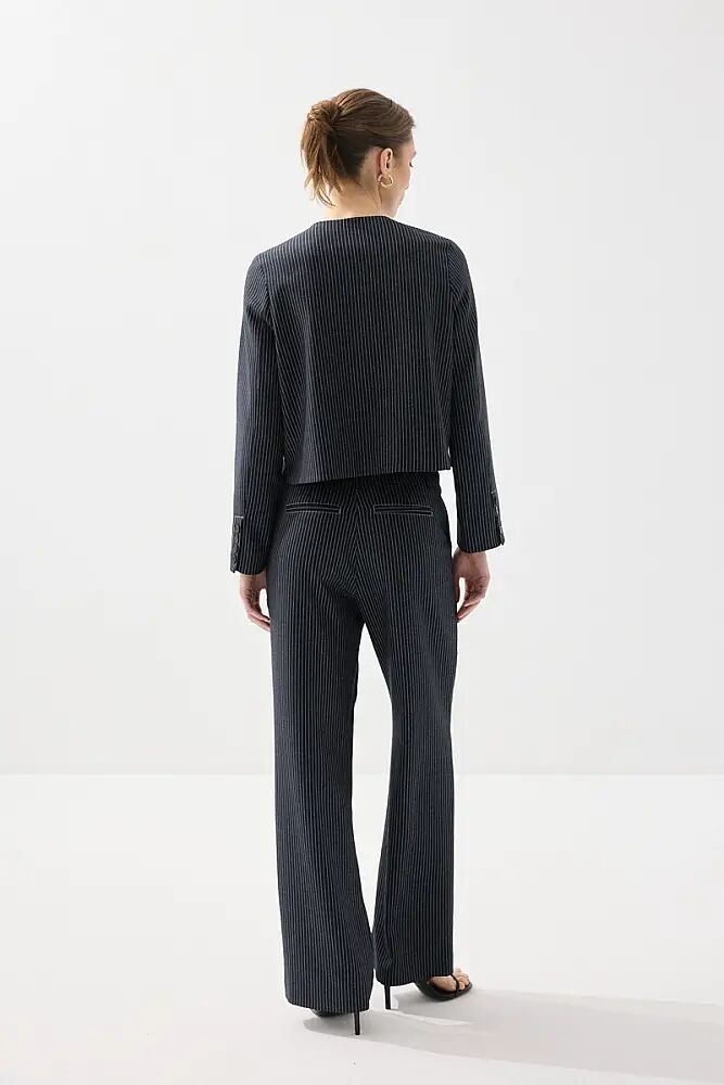 Sıfır Yaka Çizgili Viskon Keten Ceket & Pantolon - Lacivert - 2