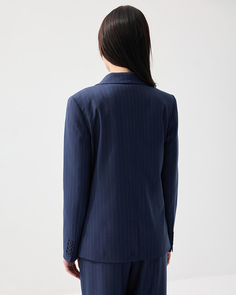 Tek Düğmeli Silik Çizgili Blazer Ceket & Bol Paça Kumaş Pantolon Takım - Lacivert - 2